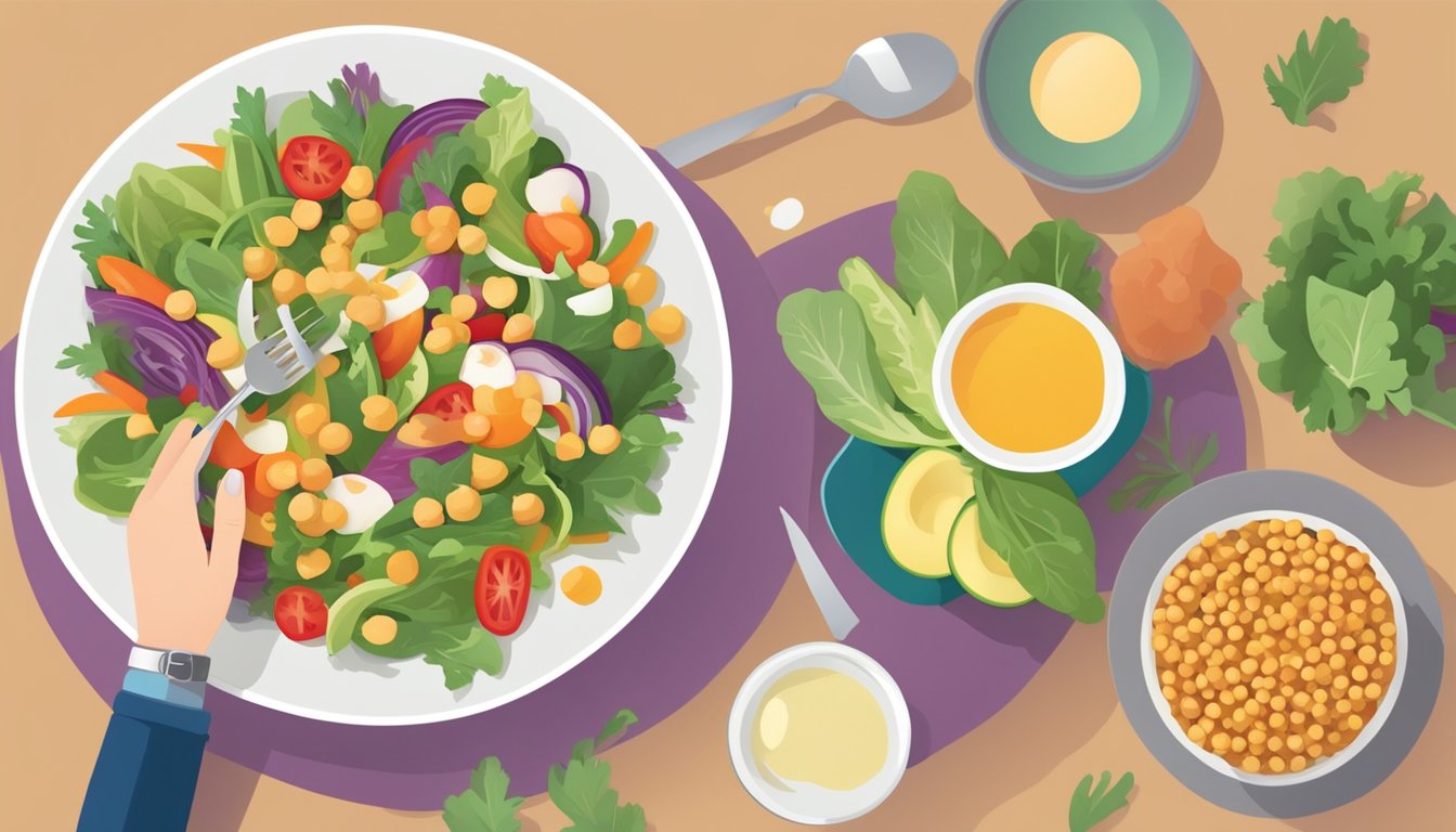 A person with diabetes enjoying a colorful salad with chickpeas, vegetables, and a light dressing