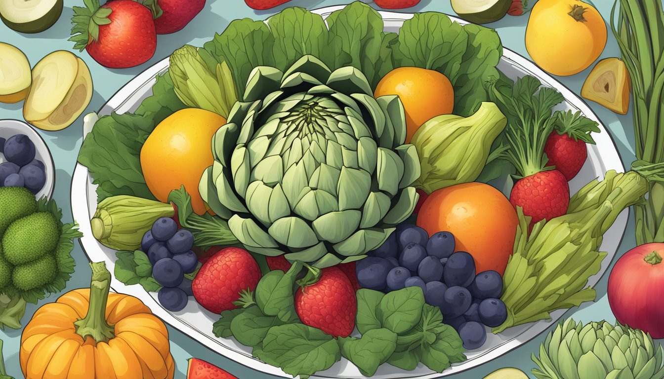 A plate of artichokes surrounded by a variety of colorful fruits and vegetables, with a nutrition label displayed next to it