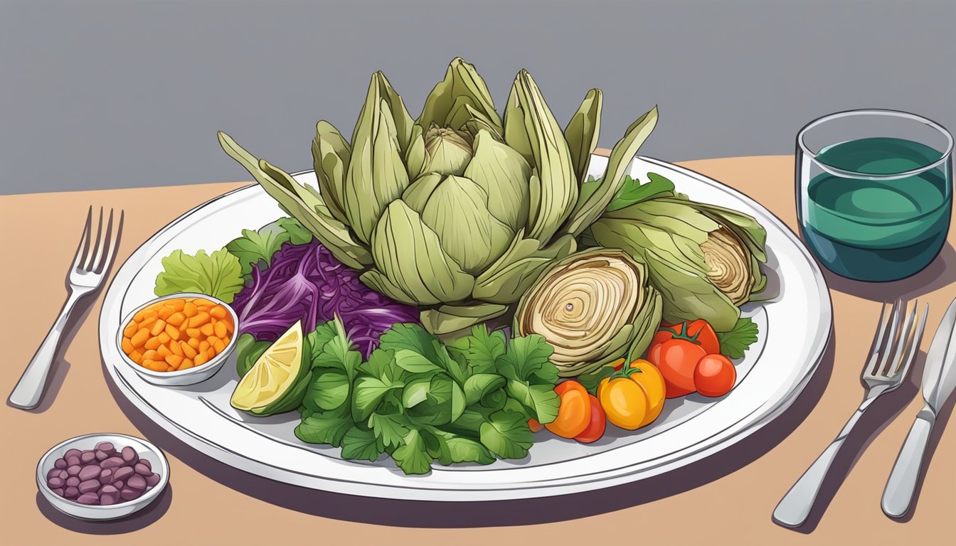 A colorful plate with cooked artichokes surrounded by a variety of fresh vegetables and lean protein, set on a stylish dining table