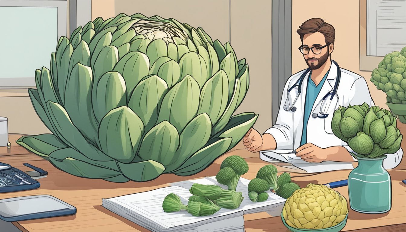 A diabetic cautiously holding an artichoke, surrounded by medical supplies and a nutritionist's advice