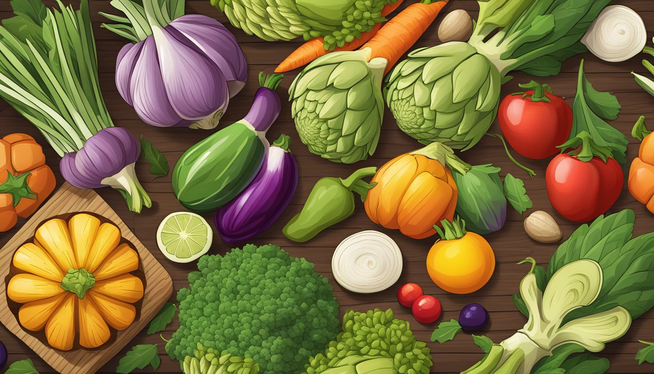 A colorful array of fresh vegetables, including artichokes, is arranged on a wooden cutting board, surrounded by vibrant fruits and whole grains