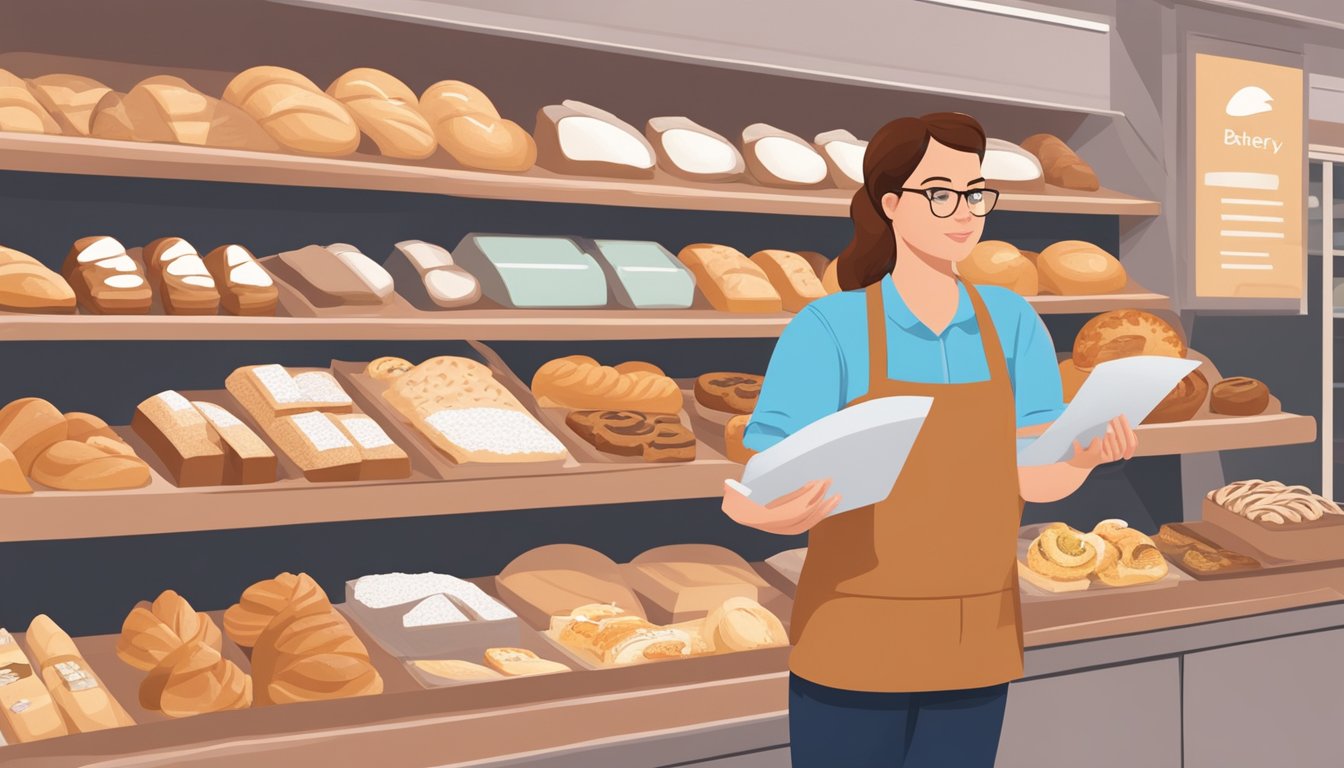 A person with diabetes standing in front of a bakery display, looking at various bread and pastry options while holding a nutrition guide