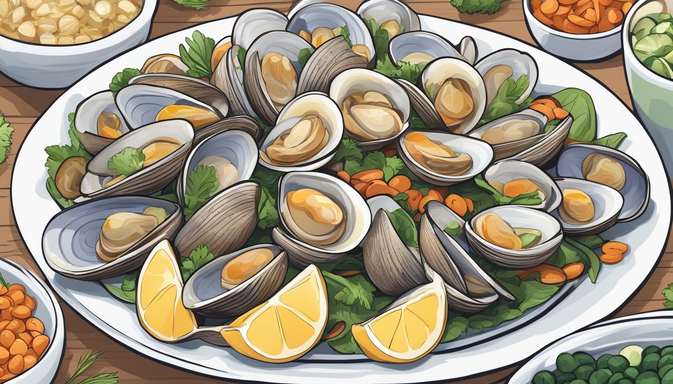 A plate of steamed clams surrounded by various nutrient-rich foods, with a diabetic-friendly symbol displayed prominently