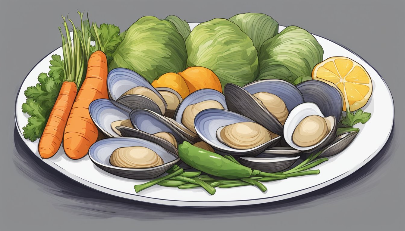 A plate of steamed clams surrounded by colorful vegetables and a measuring tape, symbolizing portion control for diabetics