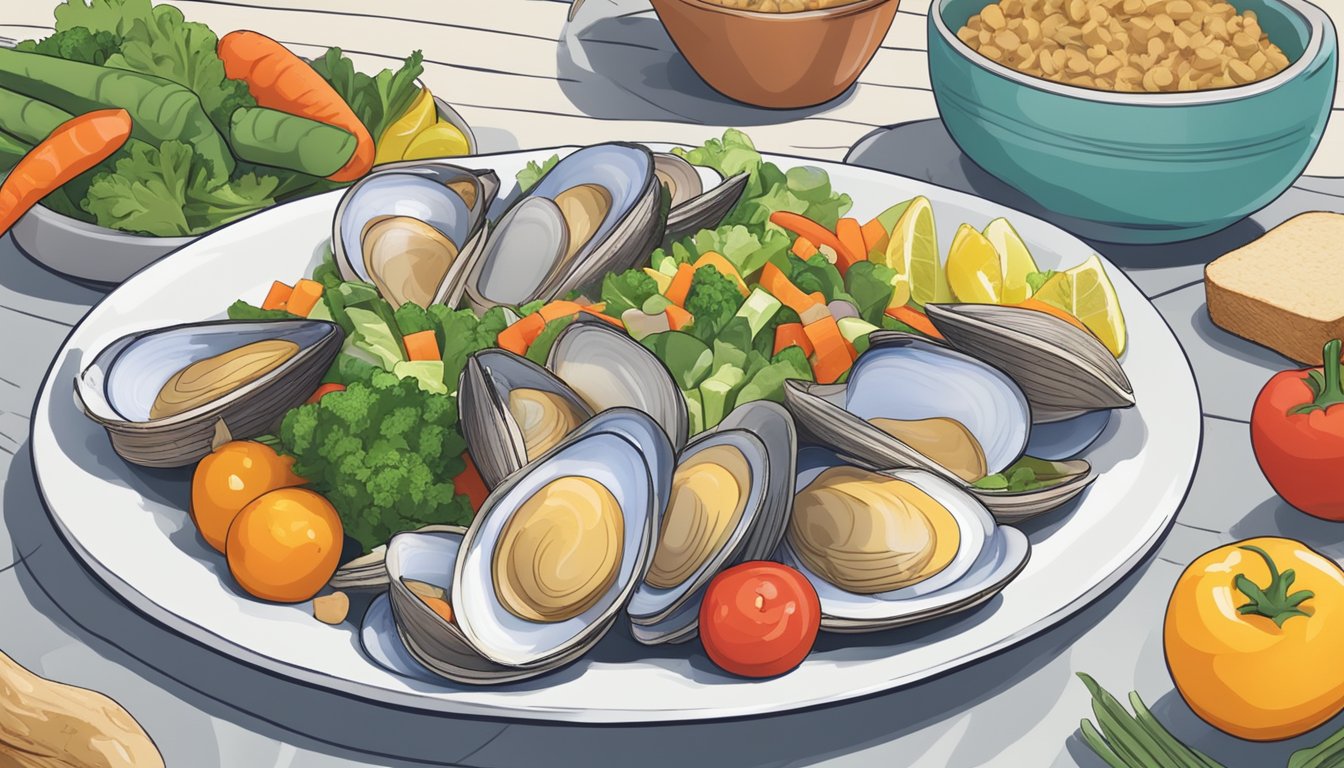 A plate of steamed clams surrounded by colorful vegetables and a measuring tape, with a diabetes-friendly meal plan in the background