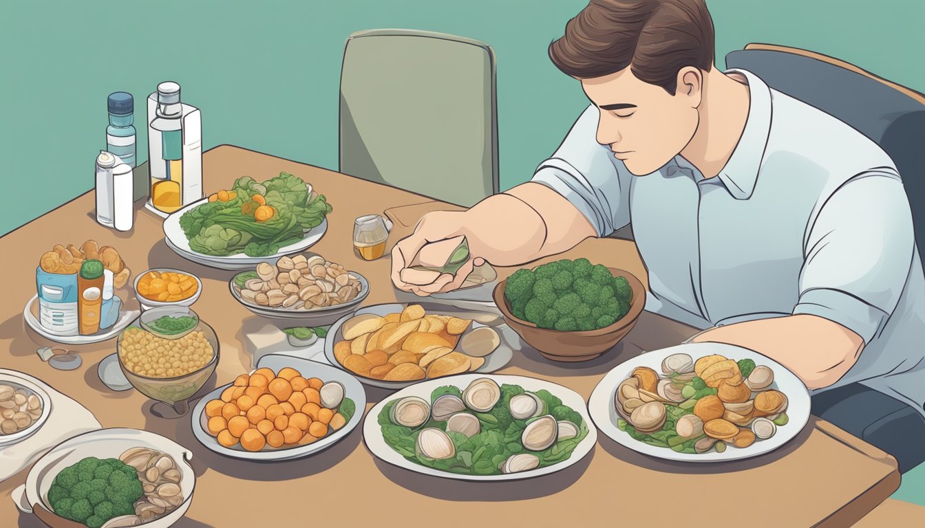 A person with diabetes choosing between healthy food options, including clams, and insulin medication on a table