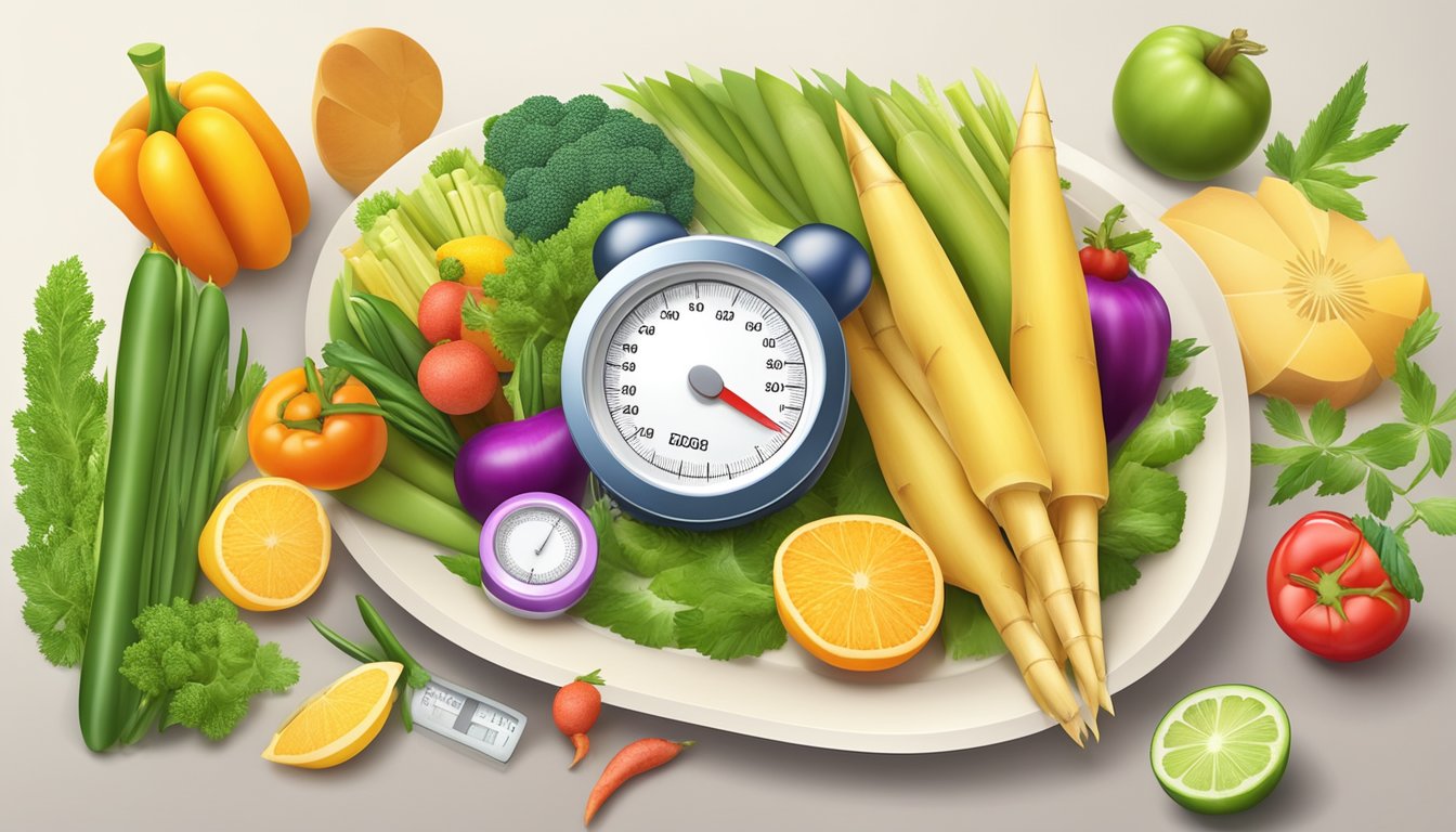 A plate of bamboo shoots surrounded by a variety of colorful vegetables and fruits, with a measuring tape and a blood sugar monitor in the background