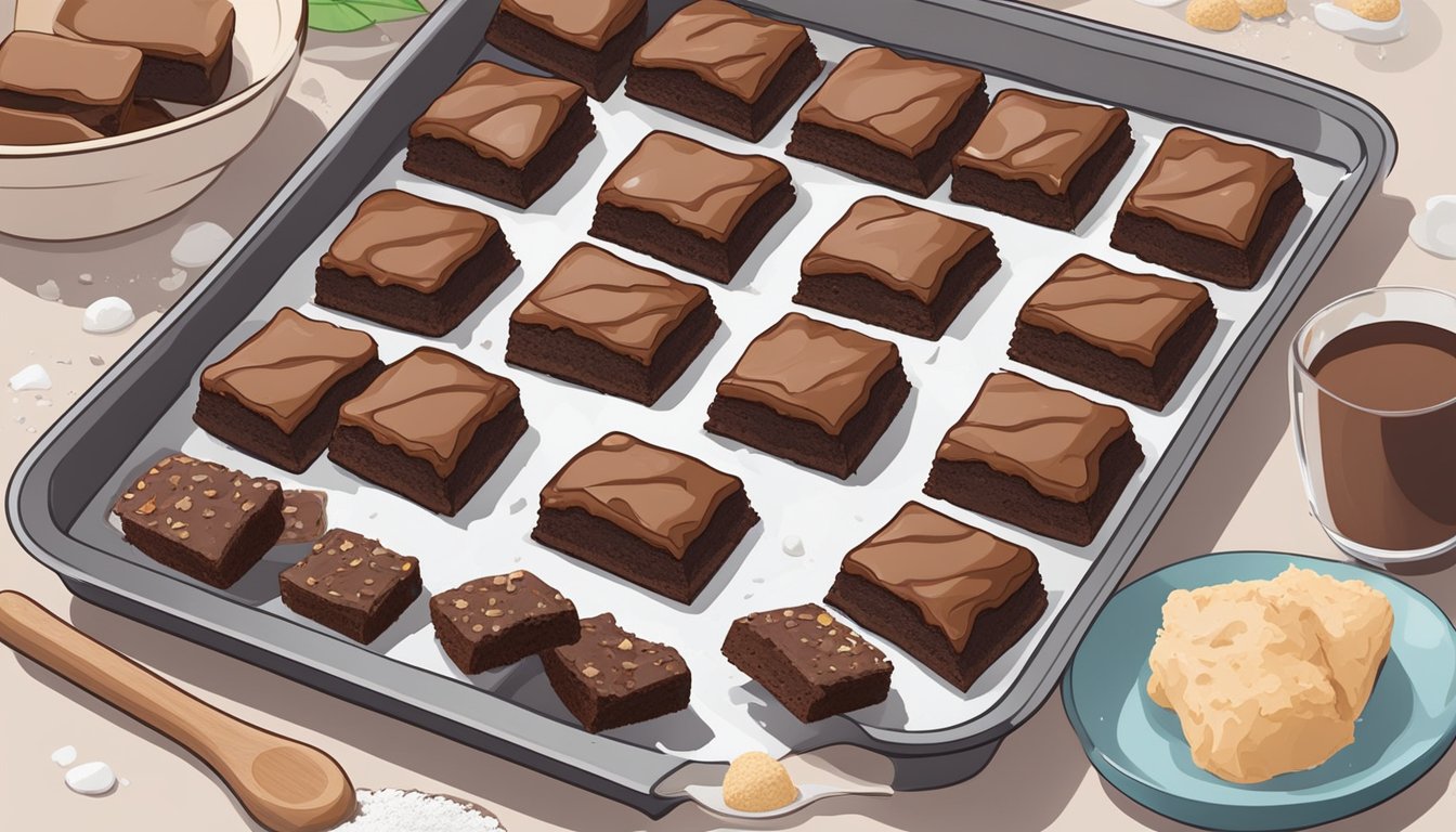 A tray of freshly baked brownies sits on a kitchen counter, surrounded by scattered ingredients like flour, cocoa, and sugar