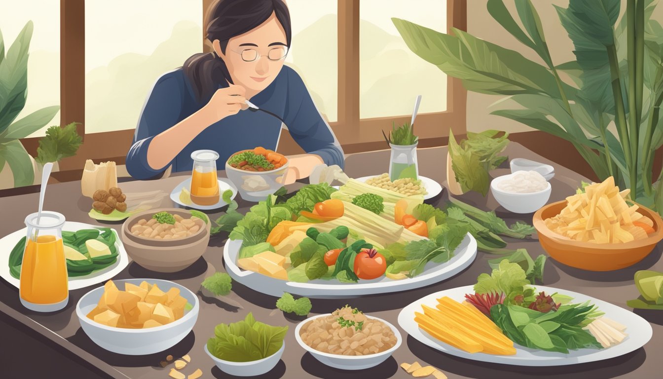 A diabetic person enjoying a meal with bamboo shoots on a plate, surrounded by various healthy food options