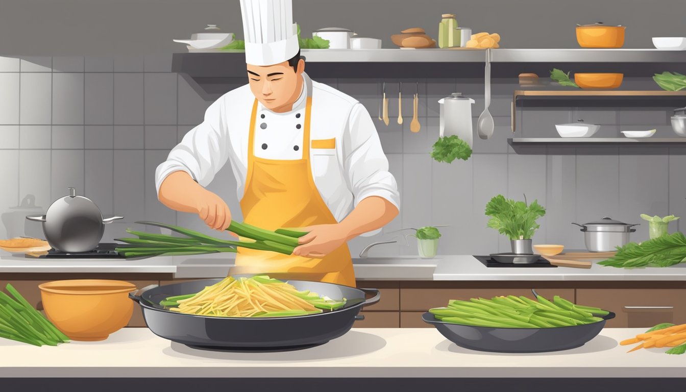 A diabetic chef skillfully cooks bamboo shoots in a modern kitchen, using specialized culinary techniques