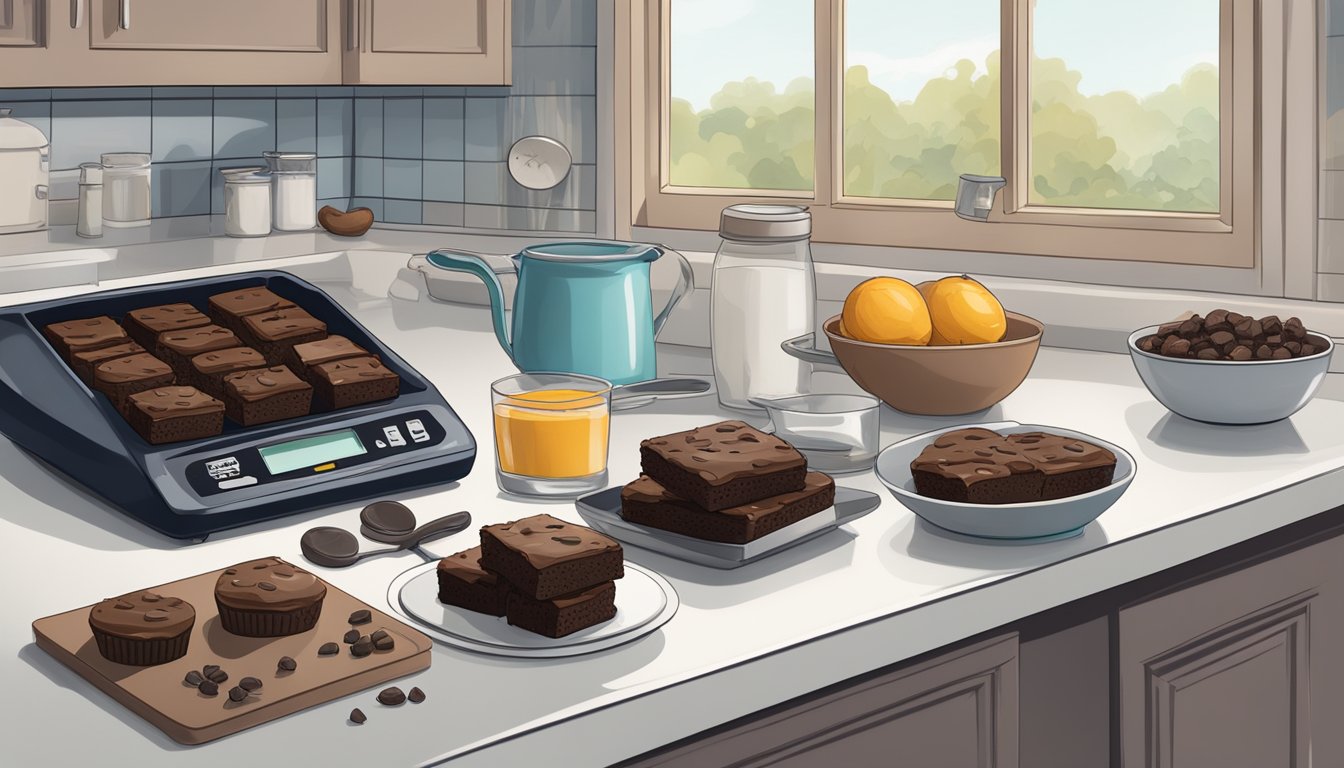 A kitchen counter with a batch of freshly baked brownies next to measuring cups and a food scale