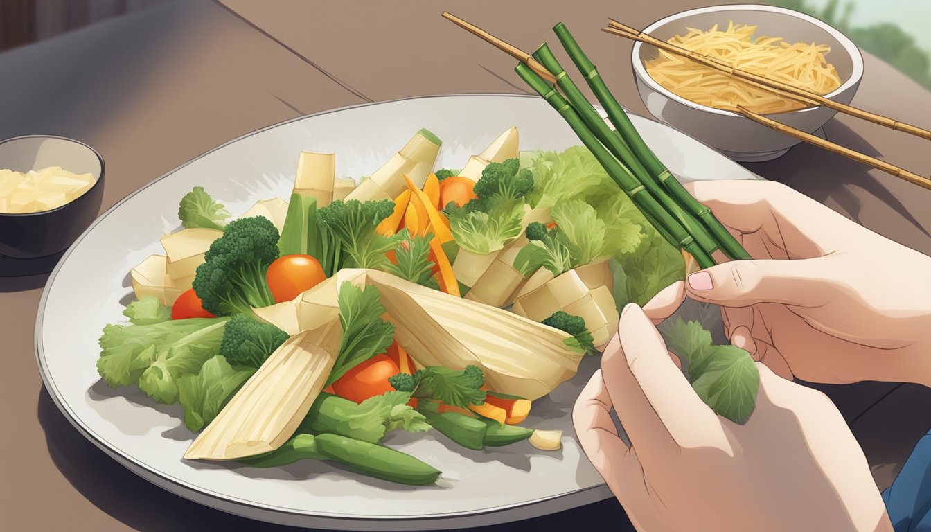 A person with diabetes eating a dish of bamboo shoots and vegetables