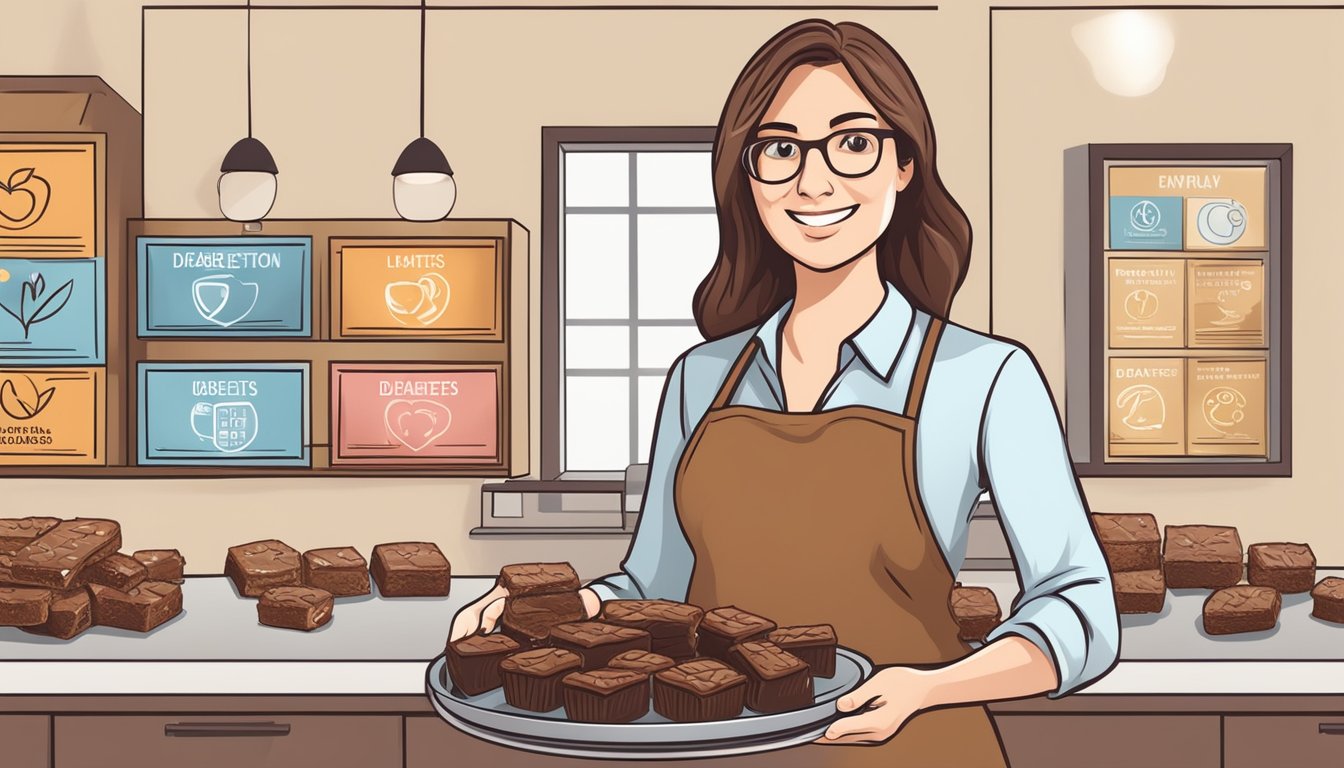 A dietician holding a plate of brownies with a nutrition label and a diabetes awareness symbol in the background