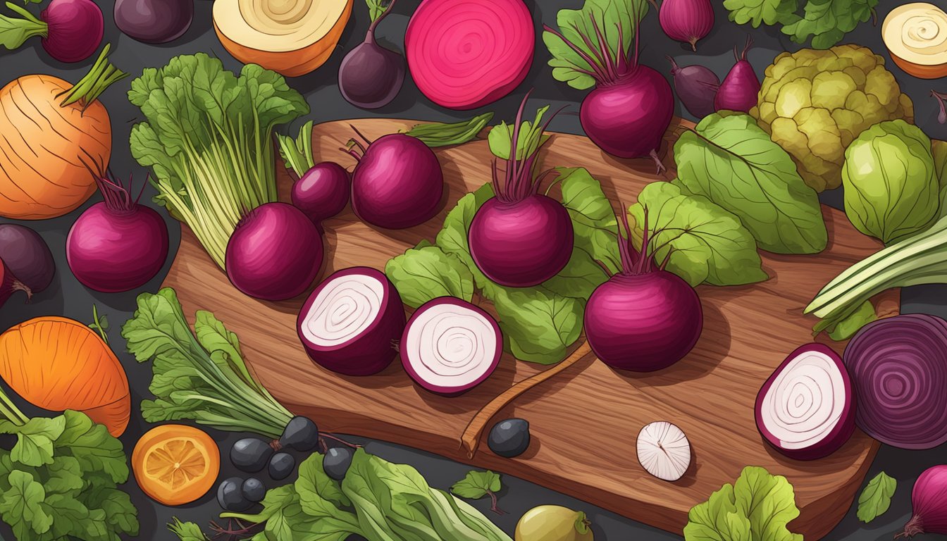 A colorful array of beets, sliced and whole, surrounded by a variety of fresh vegetables and fruits on a wooden cutting board