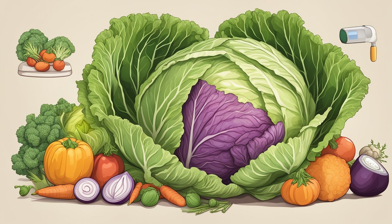 A head of cabbage surrounded by a variety of vegetables and a nutrition label showing its diabetic-friendly profile