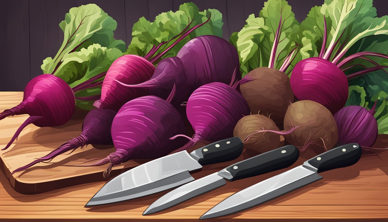 A variety of beets arranged on a wooden cutting board, with a knife and cutting board in the background