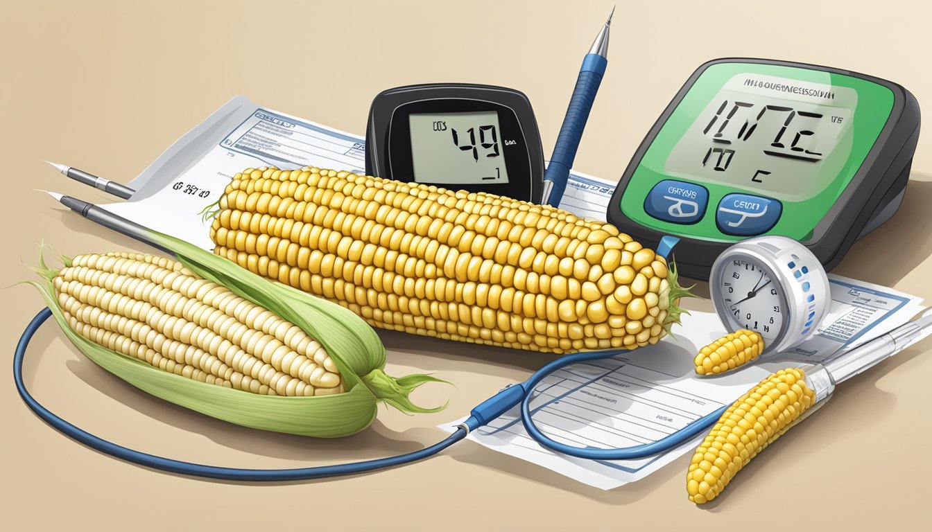 A cob of corn with a nutritional label, next to a blood glucose monitor and insulin pen