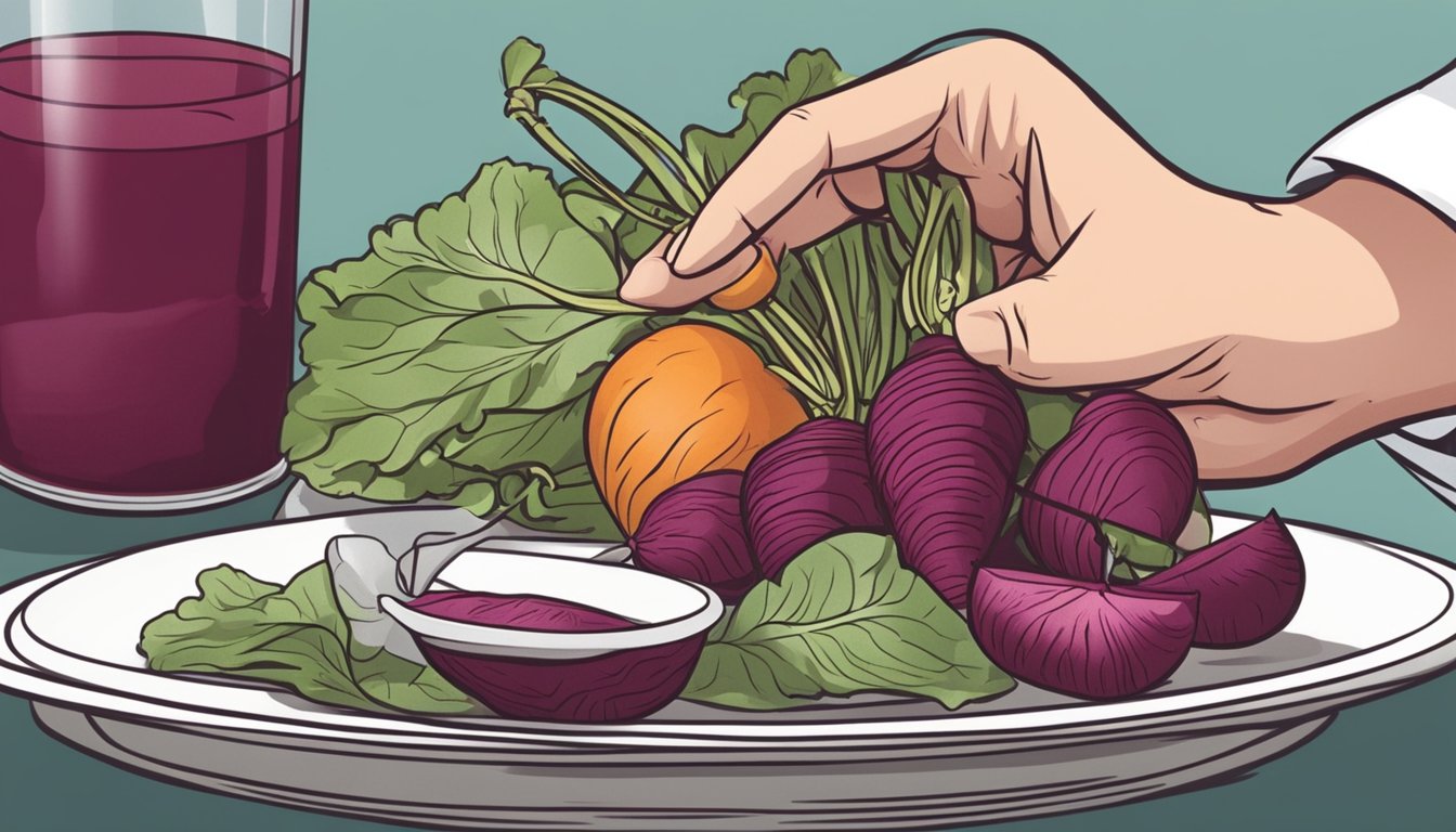 A diabetic cautiously examines a plate of beets, while a doctor's hand holds a glucose monitor in the background