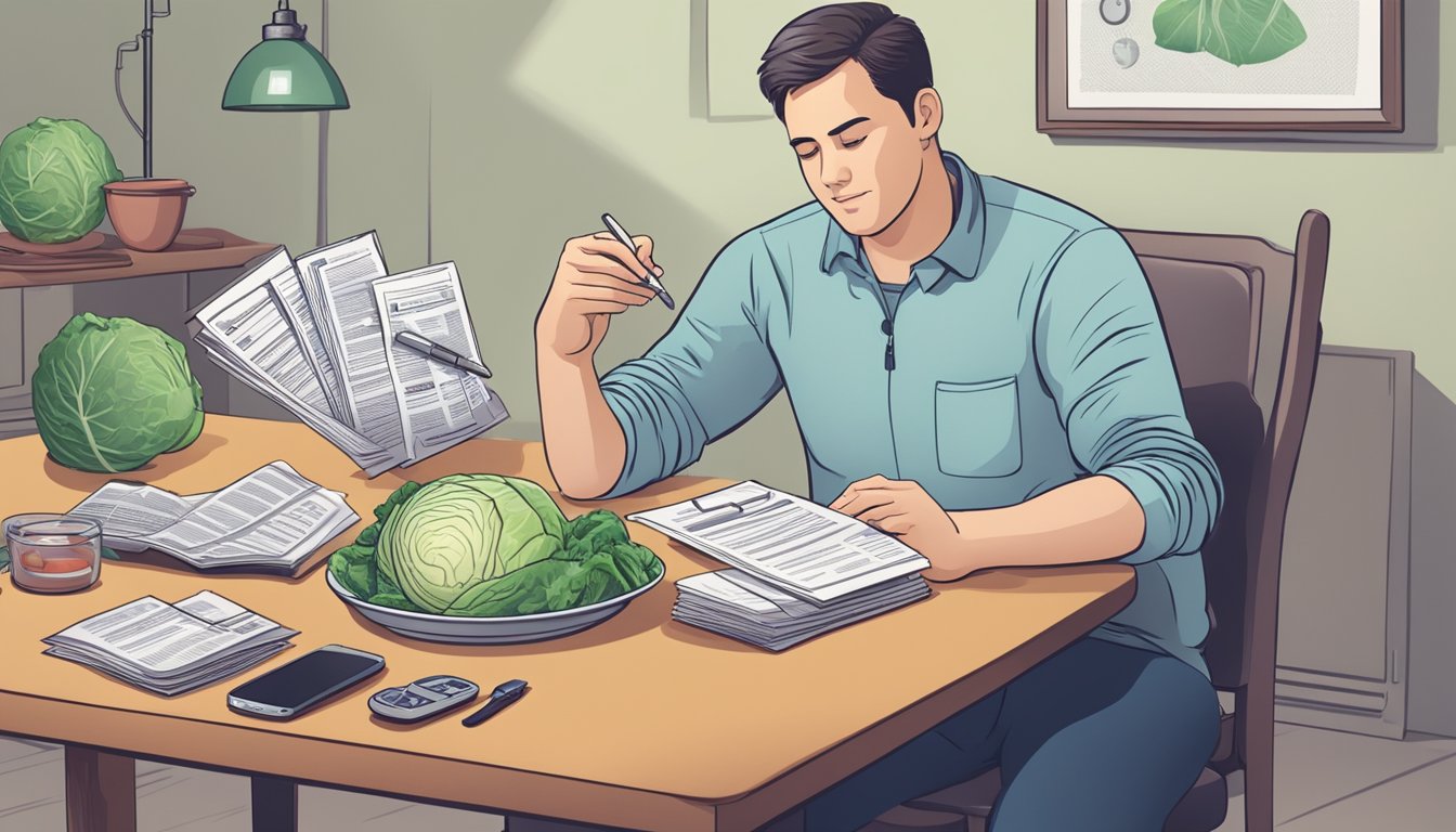 A diabetic sitting at a table, pondering over a plate of cabbage while surrounded by medical pamphlets and a blood glucose monitor