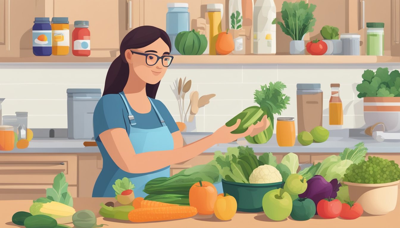 A person with diabetes holding a can of fruits and vegetables, surrounded by various packaged options on a kitchen counter