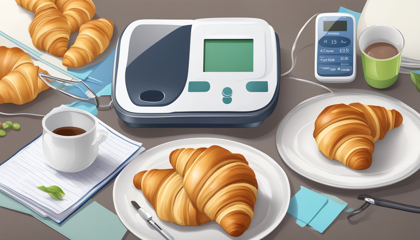 A table with a plate holding a croissant, a blood glucose monitor, and a diabetes education booklet