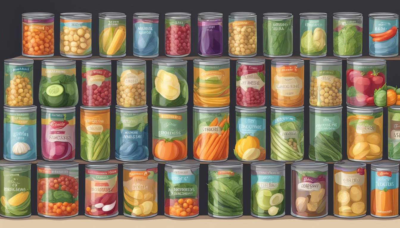 A variety of colorful canned and packaged vegetables arranged neatly on a kitchen counter, with labels clearly visible