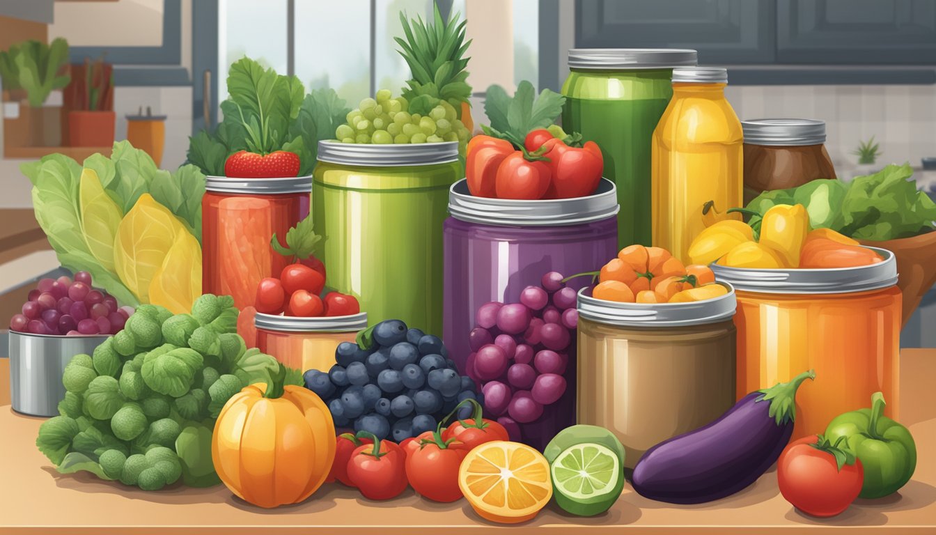 A colorful array of fresh fruits and vegetables arranged on a kitchen counter, alongside a variety of canned and packaged options