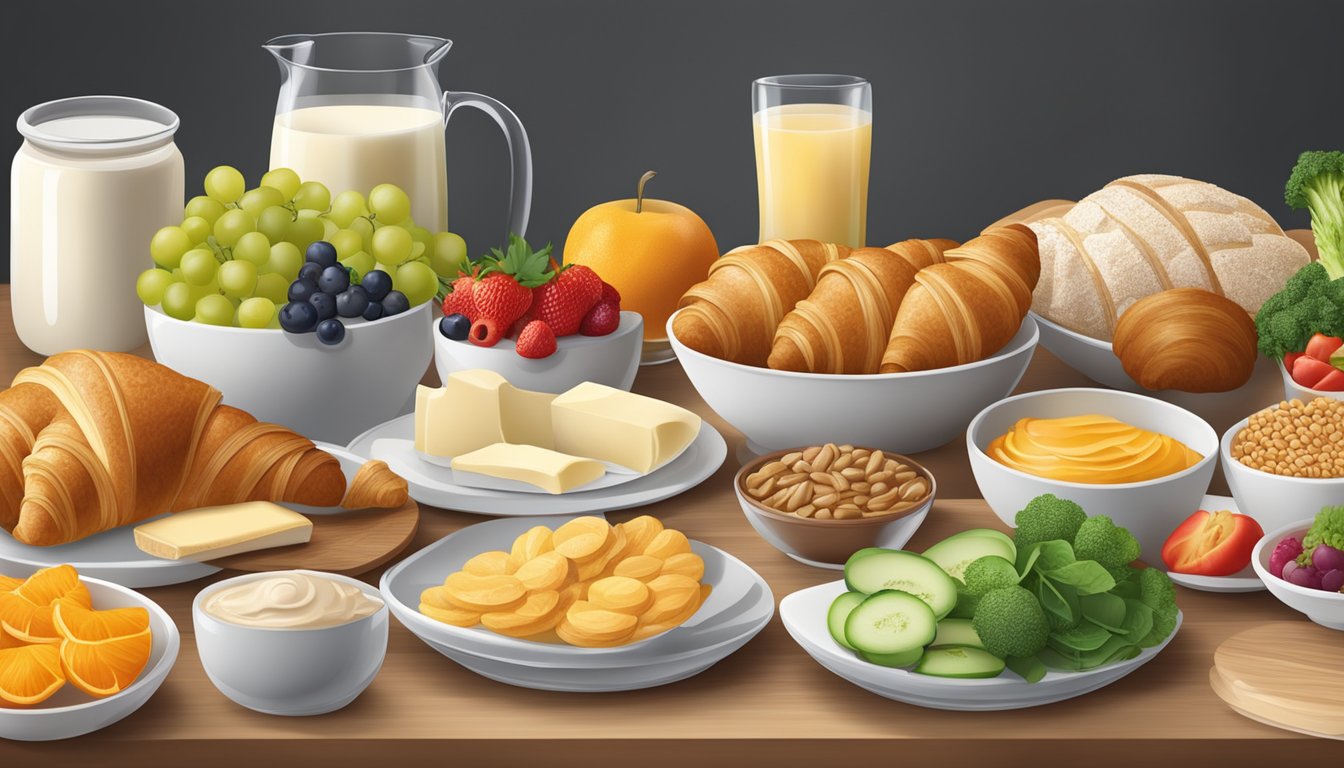 A table set with a variety of foods including whole grain croissants, fruits, vegetables, lean proteins, and low-fat dairy products