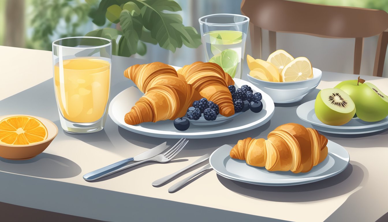 A table with a plate of whole grain croissants, fresh fruit, and a glass of water. A diabetes-friendly breakfast option