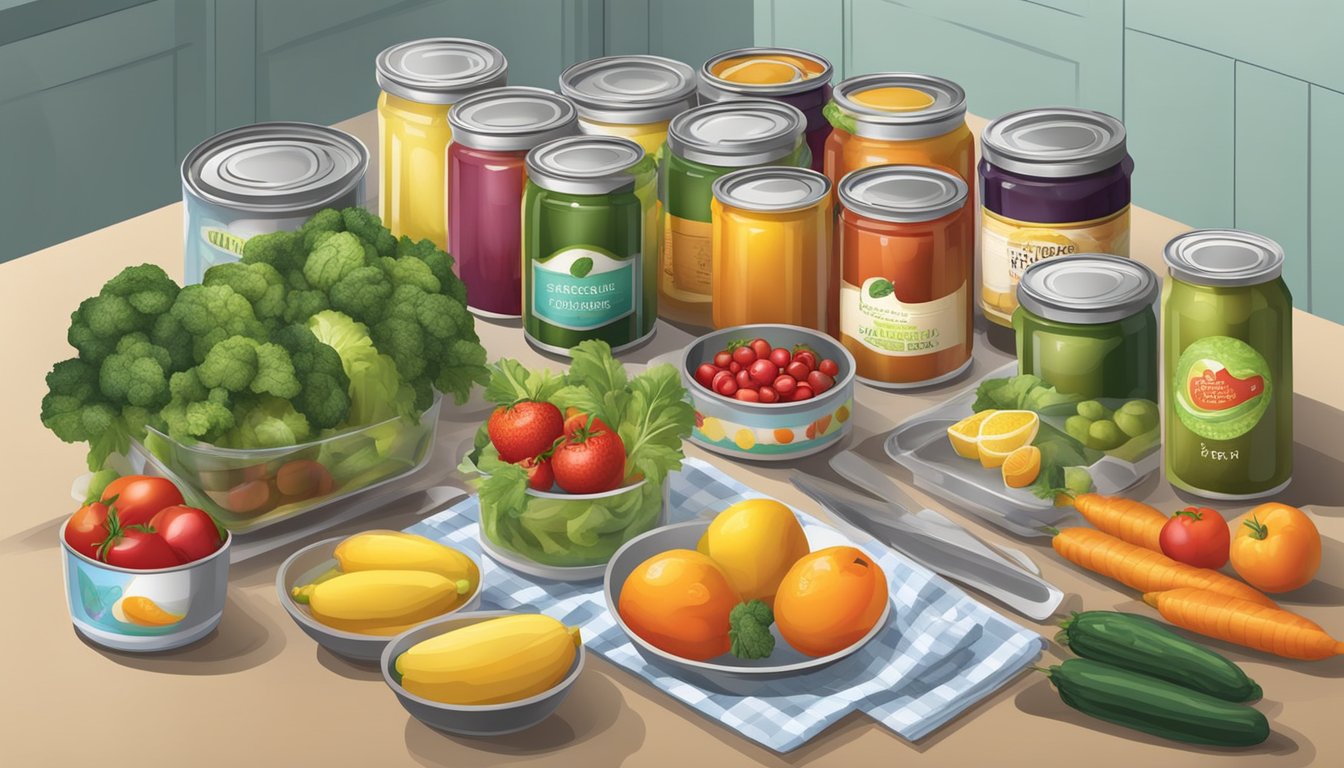 A kitchen counter with a variety of canned and packaged fruits and vegetables, along with recipe books and cooking utensils