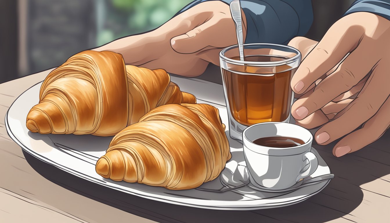 A diabetic person enjoying a croissant with a sugar substitute and a glass of unsweetened tea