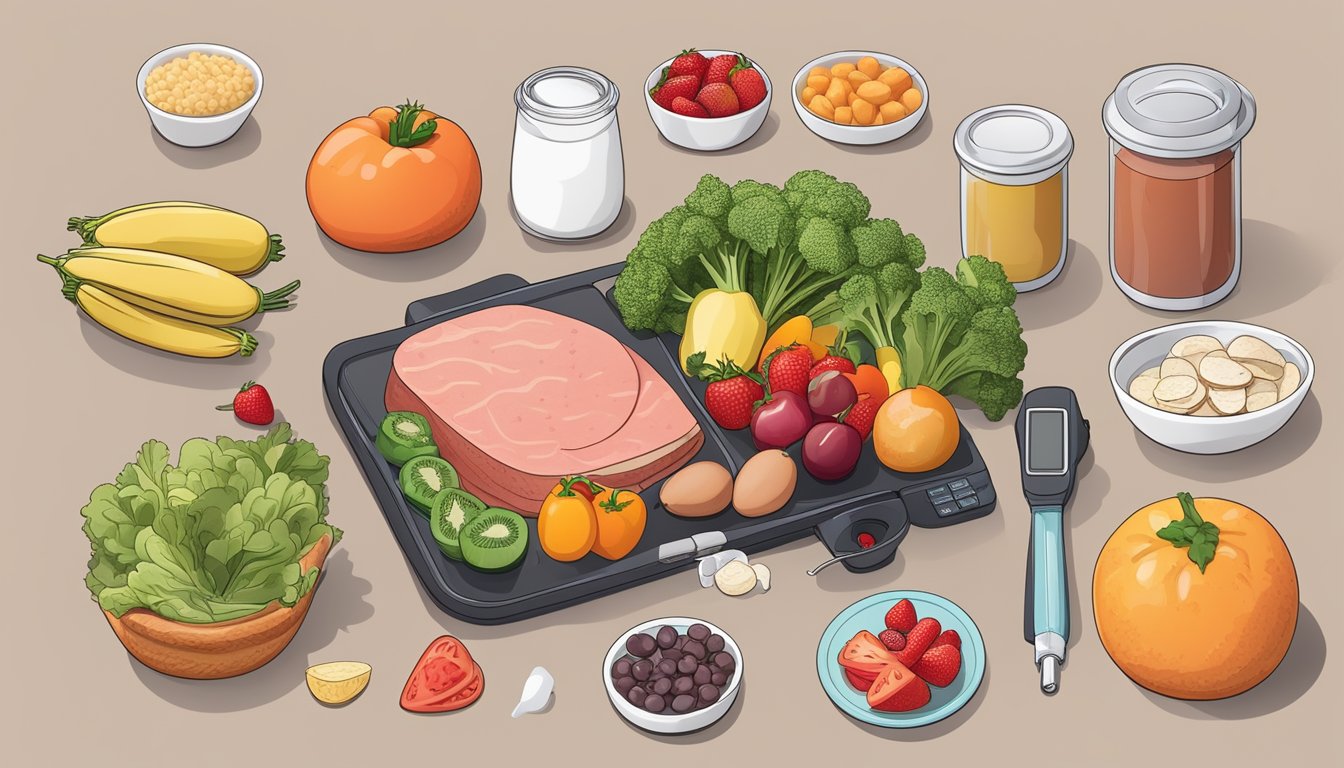 A diabetic-friendly meal with bologna, surrounded by fresh vegetables and fruits, a blood glucose monitor, and a list of approved foods