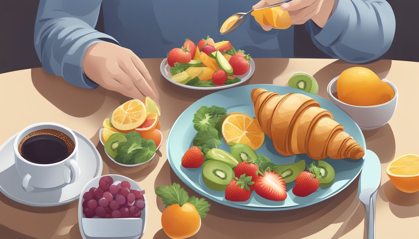 A person with diabetes enjoying a balanced meal with a croissant, fruits, and vegetables on a plate