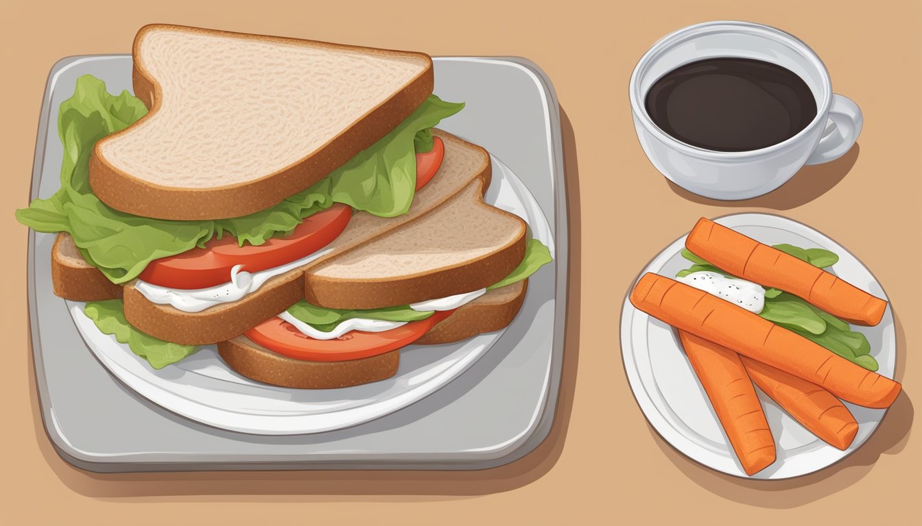 A diabetic-friendly sandwich with turkey slices, lettuce, and tomato on whole grain bread, with a side of carrot sticks and a small cup of sugar-free yogurt