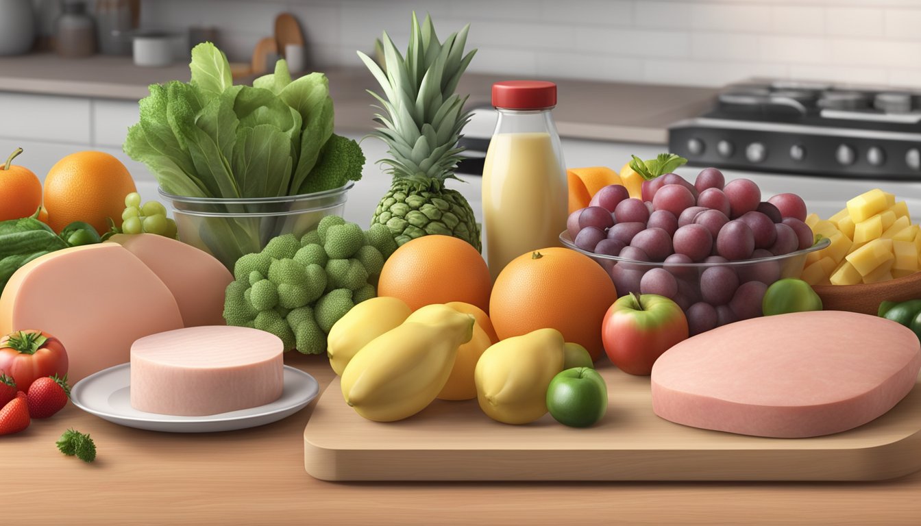 A kitchen counter with a variety of fresh fruits, vegetables, and lean proteins, including a package of turkey or chicken bologna