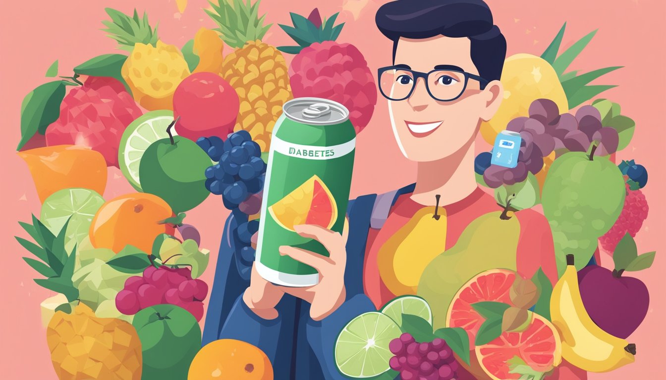 A person with diabetes holding a can of fruit cocktail, surrounded by various fruits and a nutrition label, with a question mark above their head