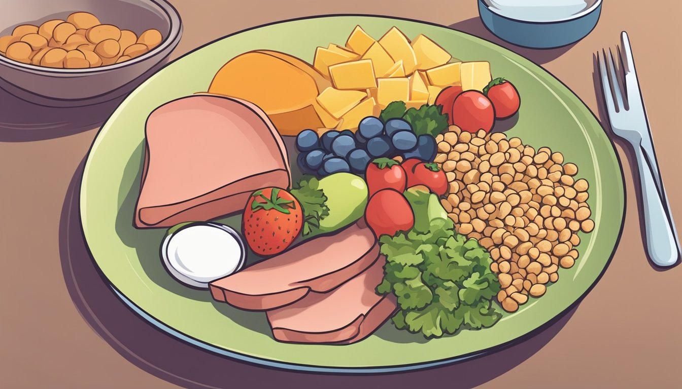 A colorful plate with a variety of diabetic-friendly foods, including whole grains, lean proteins, vegetables, and fruits, with a slice of bologna as a small portion option