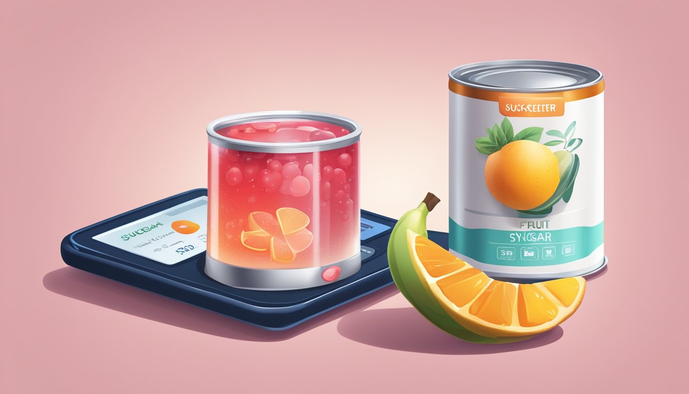 A can of fruit cocktail in syrup with a label indicating high sugar content, next to a glucometer displaying a high blood sugar reading