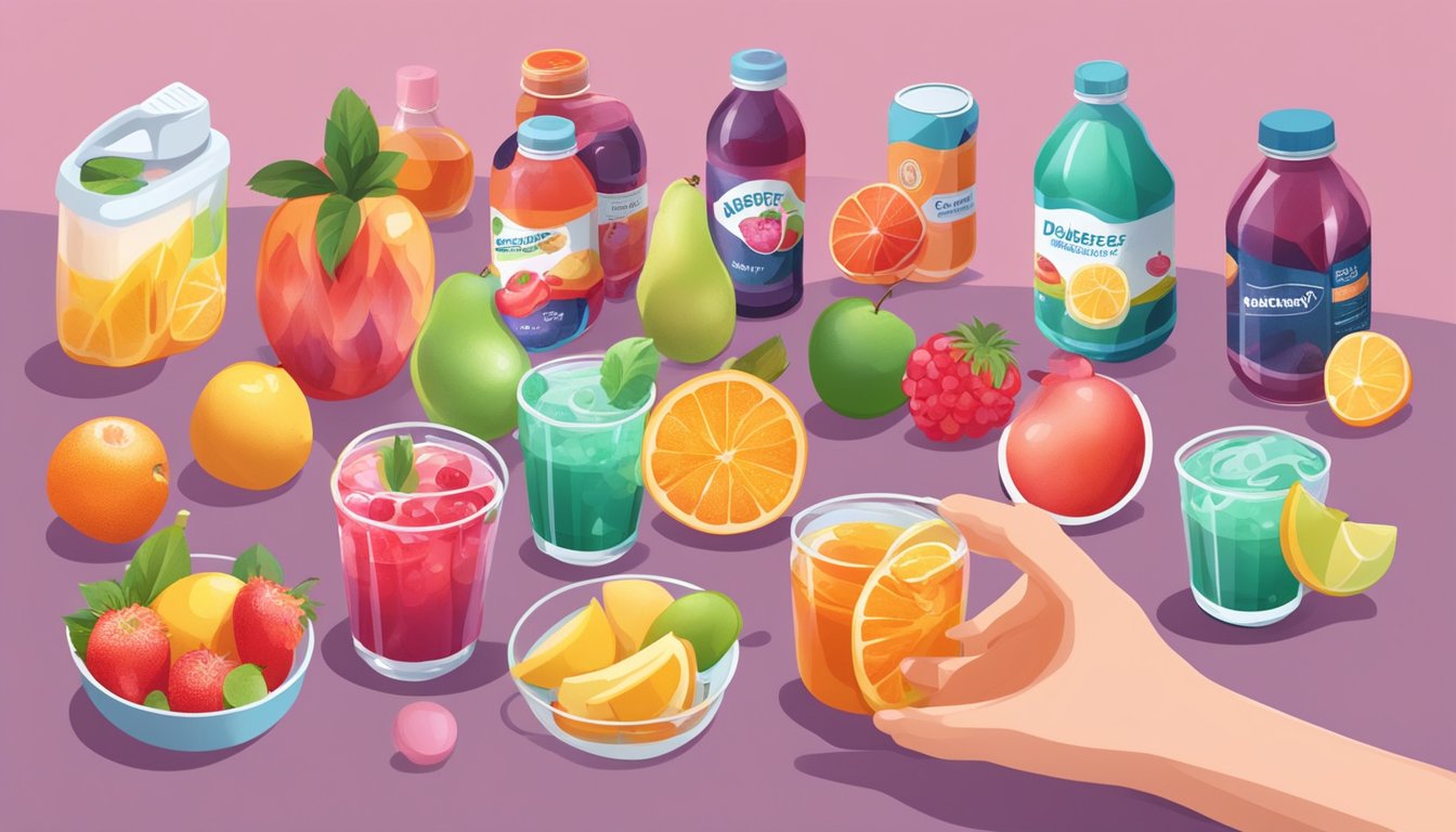 A person holding a can of fruit cocktail in syrup, surrounded by various diabetes-friendly food options