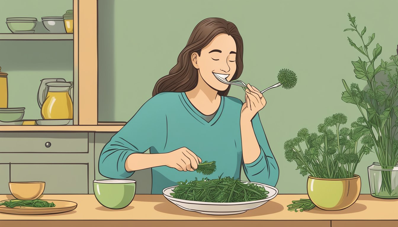 A person with diabetes happily eating a bowl of dandelion greens