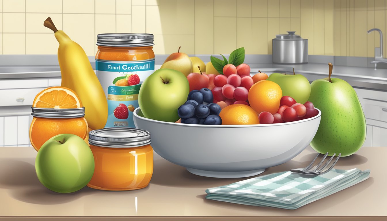 A diabetic-friendly fruit bowl with fresh and canned fruit options, including a can of fruit cocktail in light syrup, displayed on a kitchen counter