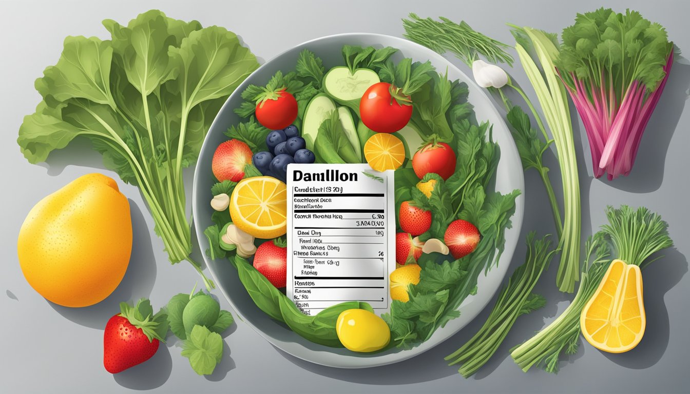 A plate of dandelion greens surrounded by a variety of colorful fruits and vegetables, with a nutrition label displayed prominently