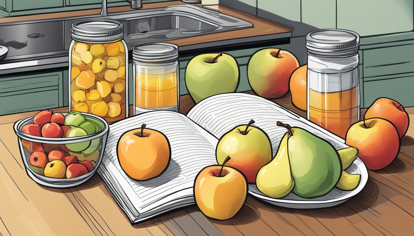 A colorful array of fresh and canned fruits, including apples, pears, and peaches, arranged on a kitchen counter with a recipe book open to a page on diabetic-friendly fruit cocktail