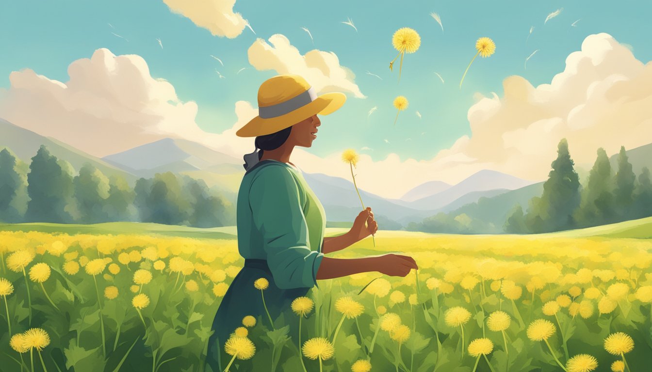 A person with diabetes picking dandelion greens in a sunny field