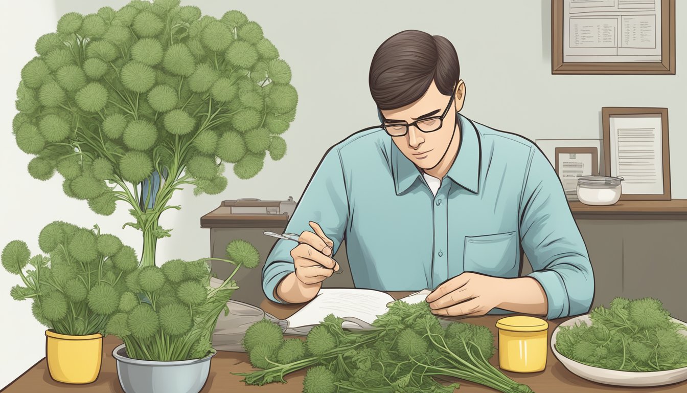 A diabetic carefully examining dandelion greens, with a concerned expression and a list of potential risks and considerations in hand