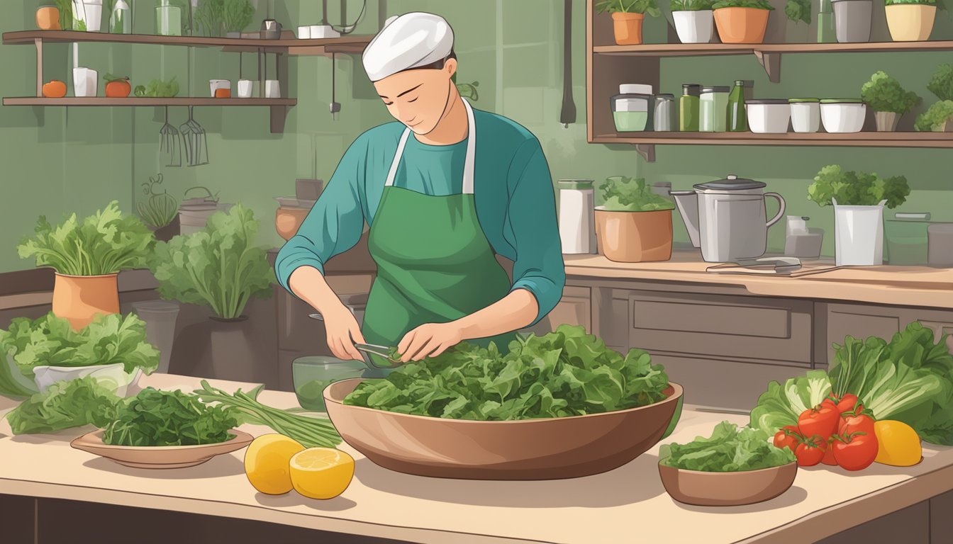 A person with diabetes preparing a salad with dandelion greens and other fresh ingredients