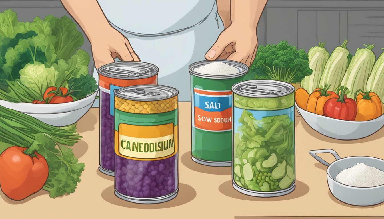 A person holding two cans of mixed vegetables, one labeled "low-sodium" and the other with "added sodium." The low-sodium can is surrounded by fresh vegetables, while the high-sodium can is surrounded by salt shakers