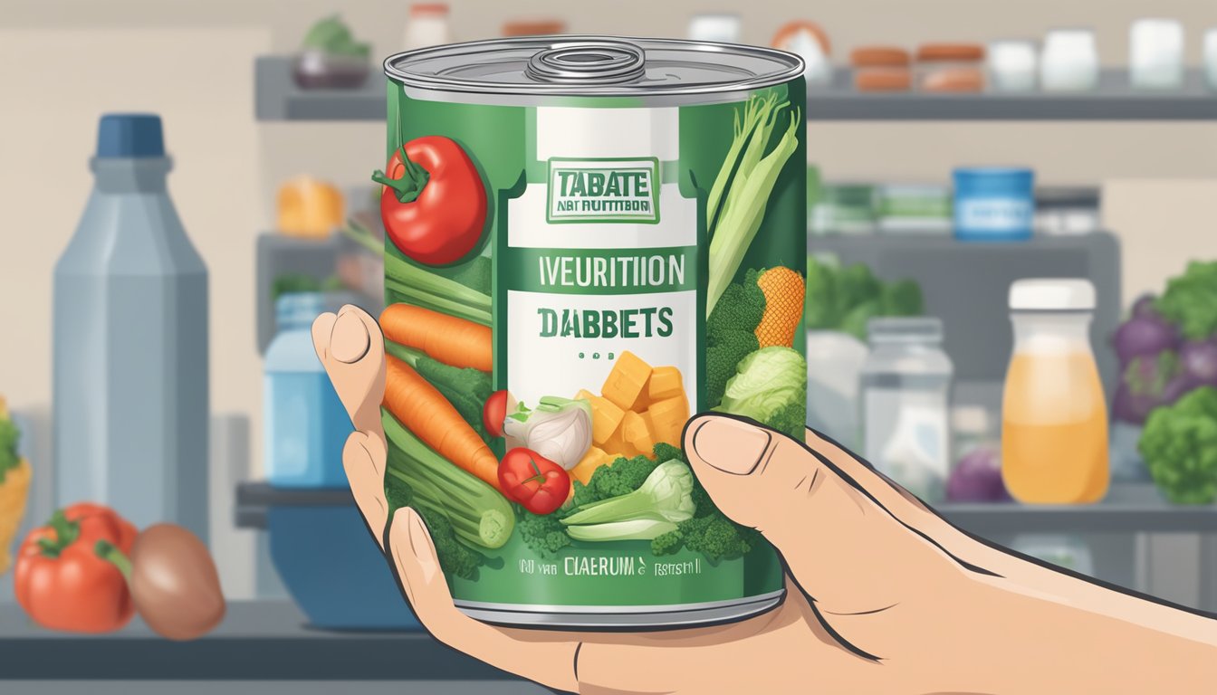 A person with diabetes holding a can of mixed vegetables, with a focus on the nutrition label showing added sodium content