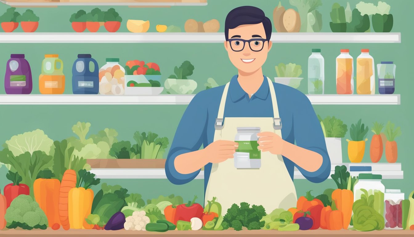 A person with diabetes holding a can of mixed vegetables, surrounded by various fresh vegetables and a nutrition label with the sodium content highlighted