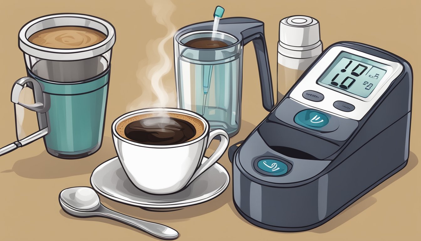 A steaming cup of decaf and regular coffee side by side, with a diabetes monitoring kit nearby